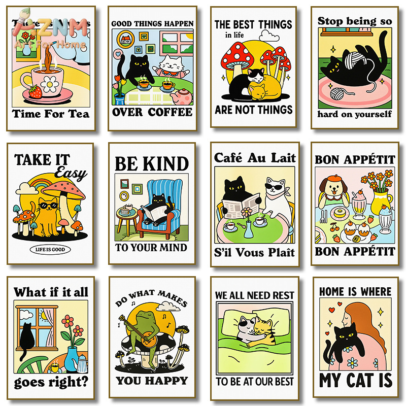 AZNM Cute Retro Cartoon Black  - Coffee Tea Quotes review and price